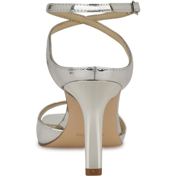 Nine West Women Silver Mirror Metallic Faux Leather Open Squared Toe Heel Sandal - Picture 2 of 6